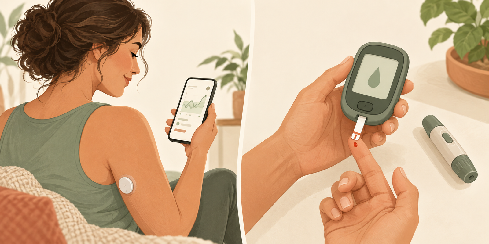 Sensor de glicose no braço e medição com glicosímetro usando gota de sangue do dedo