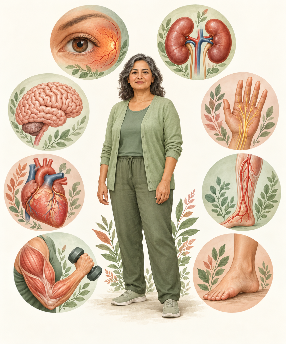 Paciente ao centro e, ao redor, olhos, rins, nervos, cérebro, coração, circulação das pernas, pés e músculos