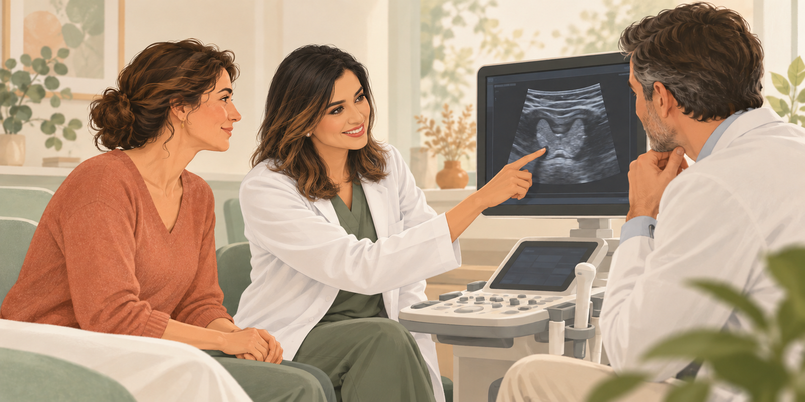Ilustração de paciente e equipe médica revisando um ultrassom da tireoide